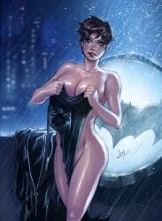 1girls batman_(series) caio_marcus catwoman covering large_breasts outdoors rain raining short_hair standing wet