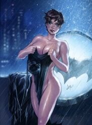 1girls batman_(series) caio_marcus catwoman covering dc_comics large_breasts outdoors rain raining selina_kyle short_hair standing wet