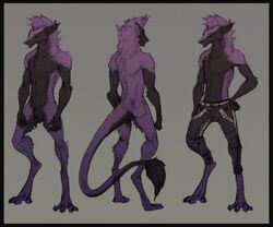 animal_genitalia balls black_fur claws clothed clothing fur hair lethal_doors male male_only model_sheet multicolored_fur nude pants partially_clothed purple_fur purple_hair ra'aseer red_eyes sergal sheath solo solo_male standing toe_claws topless two_tone_fur