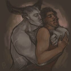 2015 2boys anthro bara beard_stubble beauty_mark canon_couple closed_eyes couple dark-skinned_male dark_hair dark_skin dorian_pavus dragon_age dragon_age_inquisition duo facial_hair gay gay_male grey_body grey_skin holding_partner horn horns human implied_anal implied_penetration implied_sex interspecies iron_bull kissing looking_pleasured mage male male/male male_only mole moustache open_mouth orgasm_face pointy_ears qunari stubble tagme_(artist) unknown_artist video_games yaoi