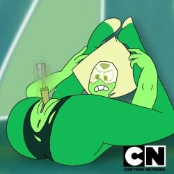 1girls anus ass blush cartoon_network embarrassed female gem gem_(species) green_body legs_behind_head looking_down masturbation parody peridot_(steven_universe) pussy solo spanky15 steven_universe toothbrush toothbrush_in_pussy toothbrush_insertion zone