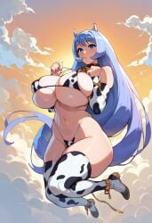 1girls ai_generated blue_eyes blue_hair breasts cleavage clouds cow_print cowprint_bikini female female_focus female_only full_body huge_ass huge_breasts long_hair micro_bikini my_hero_academia nejire_hado ramiram sky solo thick_thighs thighs wide_hips