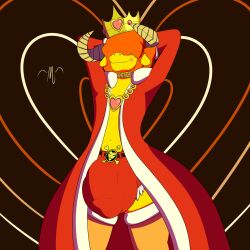 anthro asmodeus_(kings_of_hell) belt big_bulge blush bottomwear bulge calf clothing crown detailed_bulge genital_outline hair hair_over_eyes headgear hi_res horn hotpants huge_bulge hyper hyper_bulge kings_of_hell legwear male metadedede_(artist) navel penis_outline red_hair robe shirtless shorts solo stockings yellow_body