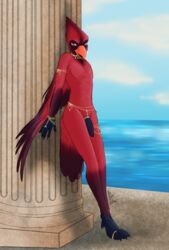 1boy 2016 anthro avian beak bird black_penis cardinal_(bird) crest cypress_(pjt) feathers flaccid hi_res jewelry keisha_makainn leaning leaning_back looking_at_viewer male male_only navel necklace nude outside penis red_eyes red_feathers sea solo tail_feathers talons water wings