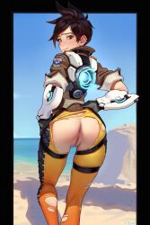 ai_generated anus ass blush blush_lines bodysuit brown_eyes brown_hair dark_hair ear_piercing earrings embarrassed from_behind gloves hand_on_hip harness helix_piercing jacket looking_at_viewer looking_back overwatch overwatch_2 pussy rolled_up_sleeves short_hair spiky_hair sweat sweaty_butt torn_clothes torn_pants tracer vambraces wheelinghubcap