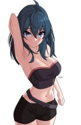 1girls absurdres ahoge arm_up armpits bare_arms bare_shoulders belt black_belt black_shorts blue_eyes blue_hair blush breasts byleth_(female)_(fire_emblem) byleth_(fire_emblem) byleth_(fire_emblem)_(female) cleavage cowboy_shot female female_only fire_emblem fire_emblem:_three_houses highres like_and_retweet long_hair looking_at_viewer medium_breasts midriff navel nintendo short_shorts shorts simple_background solo standing stomach strapless teal_hair tube_top white_background x_xith_x