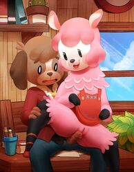 2016 alpaca animal_crossing anthro apron belt blush book brown_eyes brown_fur brown_hair bulge camelid canid canine canis clothed clothing cloud cup digby_(animal_crossing) dog duo fangs female footwear fur furry furry_only hand_on_leg hi_res highres male male/female mammal manene necktie nintendo open_mouth paper pencil penis pink_fur pink_hair plant pussy reese_(animal_crossing) sex shelf sitting sky smile straight teeth tribadism_on_penis window