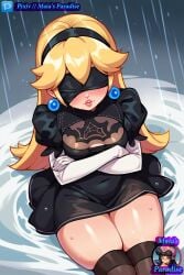 1girls ai_generated blindfold blonde_hair blush cosplay crossed_arms dress earrings lipstick maia's_paradise mario_(series) nier:_automata pixiv princess_peach rain raining sfw wet yorha_2b_(cosplay)