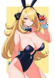 1girl 1girls alternate_costume animal_ears black_bow black_bowtie black_leotard blonde_hair border bow bowtie breasts bunny_ears bunnysuit cleavage collar creatures_(company) cynthia_(pokemon) detached_collar game_freak grey_eyes hair_ornament hair_over_one_eye highres holding holding_poke_ball kamidan large_breasts leotard long_hair looking_at_viewer nintendo playboy_bunny poke_ball poke_ball_(basic) pokemon pokemon_dppt rabbit_ears simple_background solo strapless strapless_leotard wavy_hair white_border white_collar white_wrist_cuffs wrist_cuffs yellow_background