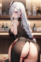 1female 1girls ai_generated ass bent_over big_breasts blue_eyes blue_eyes_female braid breasts chinese_clothes commentary_request dress english_commentary female female_focus female_only genshin_impact hair_over_one_eye hi_res highres indoors light-skinned_female light_skin long_hair long_hair_female looking_at_viewer looking_back looking_back_at_viewer shenhe_(genshin_impact) shirifechi silver_hair silver_hair_female solo solo_female very_high_resolution 尻フェチ