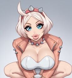 ahoge ai_generated big_breasts big_lips bimbo bimboports(ai) blue_eyes elphelt_valentine fellatrix_(style) guilty_gear headband jacket leotard lipstick spiked_collar squatting thick_thighs