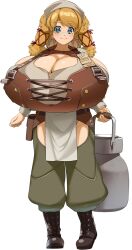 armor bandaid_on_nose big_breasts blonde_hair blue_eyes breasts cleavage huge_breasts medieval milk milk_bottle naze