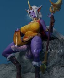 3d cum_on_clothes cum_on_clothing excessive_precum futa_only futanari gr00vyferret horsecock horsecock_futanari precum precum_drip purple_skin soraka white_hair