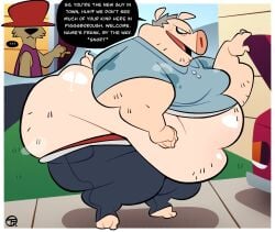 anthro armpit_musk ass belly big_butt bodily_fluids body_hair bottomwear breasts canid canine car cleavage clothed clothing domestic_pig fat frank_(trashtoonz) hat headgear headwear hi_res male male_only mammal mature_male morbidly_obese overweight overweight_anthro overweight_male pants pig_nose sagging shirt speech_bubble suid suina superchub sus_(pig) sweat topwear trashtoonz vehicle