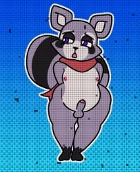 animated big_ass big_thighs cock dance indigo_park male_only mascot nipples non-human non-human_only purple_body purple_fur raccoon rambley_(indigo_park) shy solo_focus tail toony