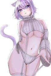 :3 alternate_costume animal_ear_fluff animal_ears bare_shoulders blush breasts cat_ears cat_girl cat_tail covered_nipples cropped_sweater detached_sleeves female garter_straps getsuya hair_between_eyes highres hololive large_breasts looking_at_viewer meme_attire navel nekomata_okayu panties purple_eyes purple_hair ribbed_panties ribbed_sleeves ribbed_sweater ribbed_thighhighs short_hair side-tie_panties simple_background sleeveless sleeveless_sweater sleeveless_turtleneck smile solo sweater tail thighhighs thighs turtleneck turtleneck_sweater underwear virgin_destroyer_sweater virtual_youtuber white_background white_garter_straps white_sweater
