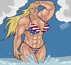 1girls abs american_flag_bikini beach big_breasts bikini blonde_hair blue_eyes breasts cathleen_bate female female_only large_breasts muscular_arms muscular_female my_hero_academia phantomas(artist) pose posing pubes pubic_hair star_and_stripe_(my_hero_academia) stars_and_stripes water