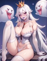 1girls ai_generated boo_(mario) boosette ghost huge_breasts leg_stockings leg_up lewdwaifulaifu lingerie looking_at_viewer luigi's_mansion mario_(series) new_super_mario_bros._u_deluxe princess purple_hair sitting slim_waist stockings thick_thighs thighs unofficial white_hair