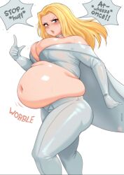 bbw belly belly_overhang big_belly blonde_female blonde_hair blush busty cape chubby chubby_female embarrassed emma_frost exhausted fat fat_female fat_fetish fat_girl fat_rolls fat_woman fatty huge_belly kipteitei larger_female marvel marvel_comics obese obese_female out_of_breath overweight overweight_female pork_chop speech_bubble squished_breasts superhero_costume superheroine supervillainess thick_thighs tubby weight_gain wheeze wheezing white_cape x-men