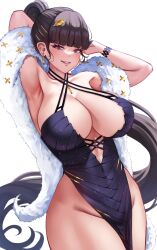 armpits ass big_ass big_breasts big_thighs black_hair blush breasts crossover dolla_(nikke) dolla_(nikke)_(cosplay) dress eve_(stellar_blade) female female_only fur_scarf goddess_of_victory:_nikke huge_ass huge_breasts huge_thighs karma3009 long_hair looking_at_viewer orange_eyes ponytail solo stellar_blade tagme thick_hips thick_thighs thighs