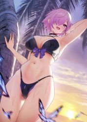 1girls armpits beach bikini bikini_top butterfly cameltoe collar depth_of_field fate/grand_order fate_(series) female hair_over_one_eye large_breasts mash_kyrielight one_arm_up pink_hair slender_waist smile sunset swimsuit thighs wet wet_skin