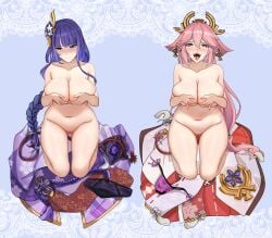 2girls ahe_gao aroused ass_visible_through_thighs bow_panties braid braided_hair clothes_on_floor completely_naked covering_breasts covering_nipples embarrassed embarrassed_nude_female enf flower_pattern frilled_panties genshin_impact hair_ornament heart-shaped_pupils humiliation kneeling large_breasts long_braid long_hair looking_away looking_down lustful_gaze meiozawa93712 naked nontraditional_miko on_knees open_mouth ozawa_mei purple_hair purple_kimono purple_panties raiden_shogun red_skirt string_panties stripped stripped_naked tongue_out white_dress yae_miko