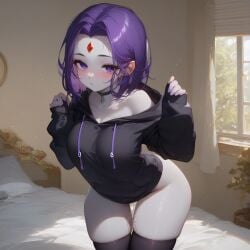 ai_generated bedroom cute forehead_jewel hips hoodie purple_hair pussy_juice pussy_juice_drip rachel_roth raven_(dc) thighs