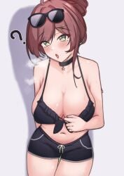 1girls ? big_breasts bikini_top brown_hair cleavage female green_eyes indie_virtual_youtuber large_breasts looking_at_viewer miori_celesta short solo steam steamy_breath sunglasses sunglasses_on_head trrlwd tsunderia virtual_youtuber