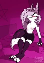 annoyed anthro breasts canid canine clothed clothing female furry grey_hair helluva_boss hi_res legwear loona_(helluva_boss) mammal muffinlicious nipples paws solo stockings thigh_highs topless