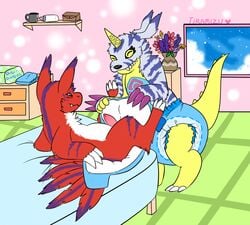 2016 anthro bed diaper diaper_change digimon duo elecmon gabumon male penis smile story tiramizu yaoi