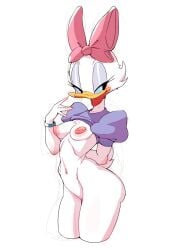 2024 bird black_eyes blue_eyes bow bow_in_hair breasts daisy_duck disney duck female female_focus female_only furry huhujujuy nipples purple_eyeshadow shirt shirt_lift small_breasts thighs white_background white_body white_feathers