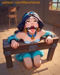 ai_generated aladdin bandage bandage_on_face bondage disney gag gagged kneeling pads princess_jasmine tanned tanned_female tanned_girl