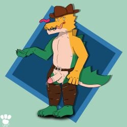 alligator alligatorid anthro biceps cactus candy clothing cowboy_hat crocodilian dessert food food_creature g_bunn genitals glitch_productions gummigoo_(the_amazing_digital_circus) gummy_(food) hat headgear headwear hi_res kneeling living_candy male male_focus male_only penis plant reptile rope scalie solo solo_male the_amazing_digital_circus