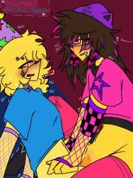 big_hair black_socks blue_shirt brown_hair dripping hair infected_(regretevator) kywoahwoah messy_hair pink_eyes pink_stockings poob_(regretevator) racoon_tail regretevator riding scene skinny stockings sweating tentacle tentacle_penetration toony yellow_hair