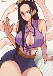 1girls aosora artist_name black_hair blue_eyes blue_shorts breasts center_opening cleavage closed_mouth eyewear_on_head female female_only hana_hana_no_mi highres large_breasts long_hair nico_robin one_piece orange-tinted_eyewear shirt short_shorts shorts smile solo sunglasses tied_shirt tinted_eyewear