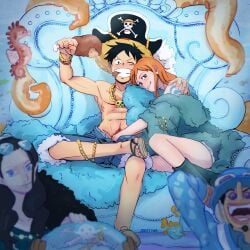 black_hair color colored female female/male female_masturbing_male fish food ginger ginger_hair handjob handjob_under_clothes hands_down_pants hidden_sex hidden_sexual_act jacking_off_another jewelry king_and_queen male male/female monkey_d_luffy muscular nami nami_(one_piece) nico_robin one_piece orange_hair pirate_hat post-timeskip public public_sex scar seahorse smile smiling smiling_at_viewer tentacle throne throne_room tony_tony_chopper touching_penis usopp zantinaa