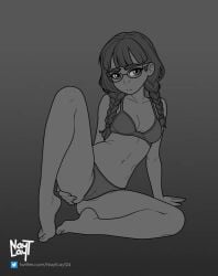 black_hair blue_eyes blushing bra bra_lift braid braided_hair completely_nude glasses naytlayt original original_character panties panties_down phryne_(nayt_layt) sketch twin_braids unfinished