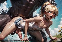 2boys ahe_gao ai_generated all_fours anal anal_sex balls blonde_femboy blonde_hair blonde_male choker daddy_and_twink doggy_style eyes_rolling_back femboy gay gorilla happy_rape hungward male/femboy male_penetrated male_penetrating open_mouth outdoor_sex outdoors overpowered penis ponytail rough_sex tongue tongue_out torn_clothes trap yaoi