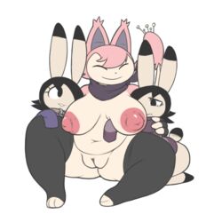 1girls aintsmart anthro anthrofied bottomless breasts clothed clothing dumbun female female_anthro female_pokemon group lagomorph legwear mammal nintendo nipples original original_character pokémon_(species) pokemon pussy rabbit scarf skitty video_games