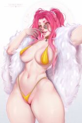 1girls artist_name bikini breasts collar female female_only finger_to_mouth fur_coat hi_res liokko_mao long_hair looking_at_viewer looking_over_eyewear looking_over_glasses looking_over_sunglasses navier_(liokko_mao) original pink_eyes pink_hair pussy_floss round_glasses selfie sharp_fingernails side-tie_bikini smiling smiling_at_viewer solo sunglasses thick_thighs tinted_eyewear twintails white_background wink winking_at_viewer yellow_bikini