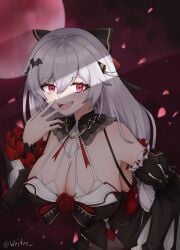 bare_shoulders breasts cleavage dress earrings fangs female_only honkai_(series) honkai_impact_3rd huge_breasts long_hair long_sleeves moon open_mouth red_eyes smile solo theresa_apocalypse vampire white_hair