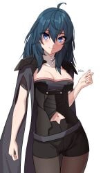 1girls absurdres black_shorts blue_eyes blue_hair breasts byleth_(female)_(fire_emblem) byleth_(fire_emblem) byleth_(fire_emblem)_(female) cleavage cloak clothing_cutout cowboy_shot female female_only fire_emblem fire_emblem:_three_houses highres looking_at_viewer medium_breasts navel navel_cutout nintendo pantyhose pantyhose_under_shorts short_shorts shorts simple_background solo teal_hair white_background x_xith_x