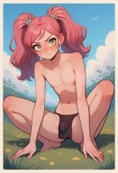 ai_generated annoyed barefoot blush blush bulge bulge_through_clothing crouching cute femboy forest loincloth long_hair pink_hair pretty_boy small_breasts twintails verybadboye