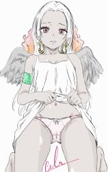 angel angel_wings boa_hancock brown_body brown_skin feet feet_together female female_only flat_chest legs_crossed one_piece panties petite petite_body s-snake_(one_piece) seraphim_(one_piece) solo solo_focus sundress white_hair