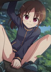 1girls bare_legs bottomless female female_only heebee light-skinned_female light_skin long_sleeves looking_at_viewer naked_track_jacket pantless ponytail saki_achiga-hen sneakers solo takakamo_shizuno track_jacket tree_branch