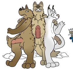 2016 aliasing anthro balls canine dollar_sign erection feline fur gnoll group hyena lizard lolori lynx male male_only mammal nervous nude penis reptile scalie seeker_(trout) simple_background smile sweat trout_(artist) voyeur