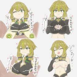 artist_request cum_between_breasts cum_on_breasts duel_monster female green_eyes green_hair hu-li_the_jewel_mikanko large_breasts paizuri straight tagme_(artist) yu-gi-oh!