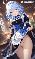 ai_generated blue_eyes blue_hair furina_(genshin_impact) genshin_impact illyfurina maid maid_outfit maid_uniform pale-skinned_female pink_panties seductive showing_panties skinny skirt skirt_lift smiling smiling_at_viewer