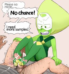 ! 2d blush bodysuit breasts censored cum cum_on_feet dialog english_text feet female femdom foot_fetish foot_focus footjob forehead_jewel frown fully_clothed gem_(species) gnome-no green_hair green_skin interspecies larger_male leg_grab motion_lines no_penetration peridot_(steven_universe) post_orgasm_torture simple_background size_difference small_breasts smaller_female socks solo_focus sound_effects speech_bubble steven_universe straight sweat text unseen_male_face visor