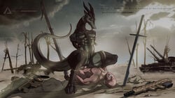 absurd_res anthro battlefield breasts clitoris cowgirl_position delta.dynamics dragon female hi_res human human_penetrating interspecies male mammal melee_weapon on_top penetration penis pussy ranged_weapon sex spoils_of_war straight vaginal_penetration weapon wet